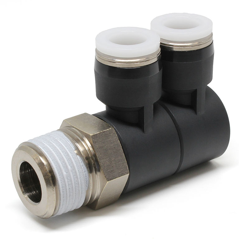 Đầu Nối Nhanh Khí Nén Hai Nhánh Cong 90° Thân Lục Giác Trụ Ren Ngoài Pisco PHW3/8-04W