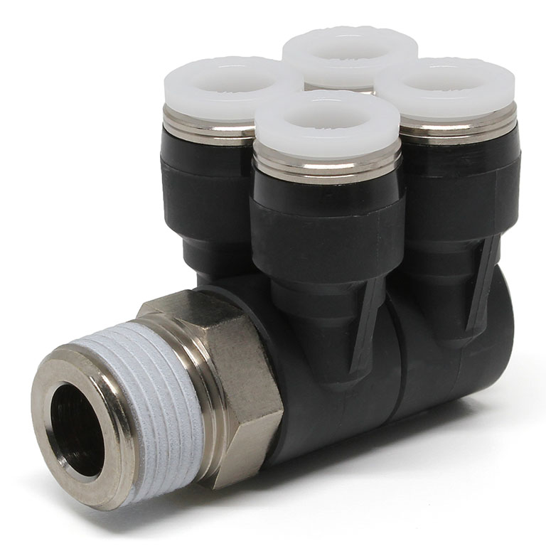 Đầu Nối Nhanh Khí Nén Bốn Nhánh Cong 90° Thân Lục Giác Trụ Ren Ngoài Pisco PAW5/16-03