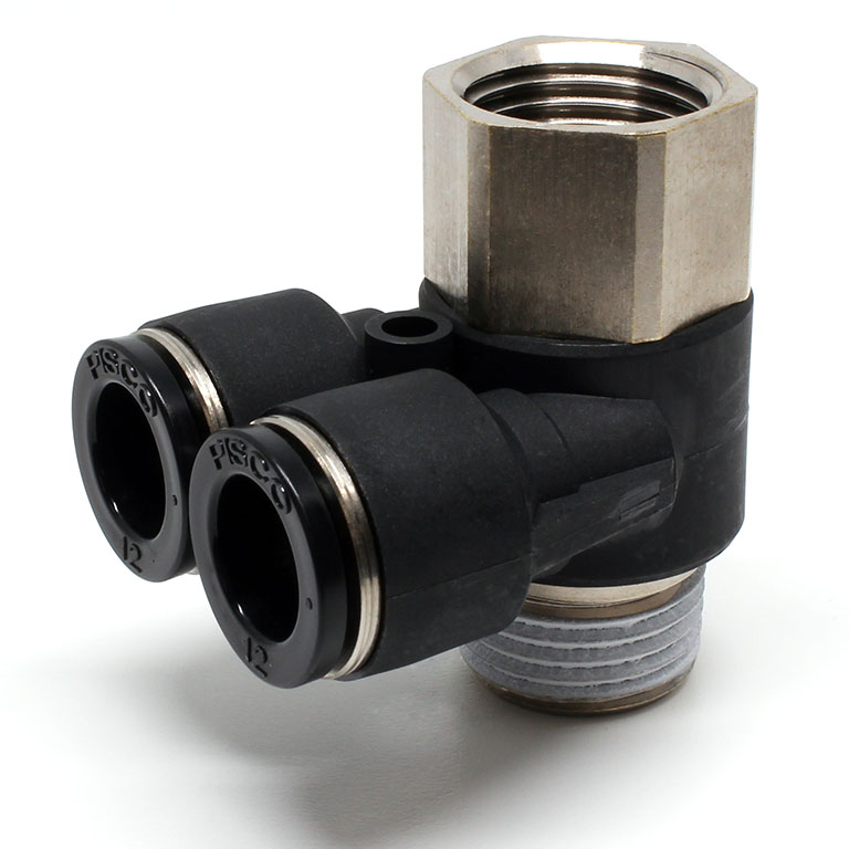 Đầu Nối Nhanh Khí Nén Hai Nhánh Cong 90° Đầu Lục Giác Trụ Ren Đực Cái Pisco PAF12-04W