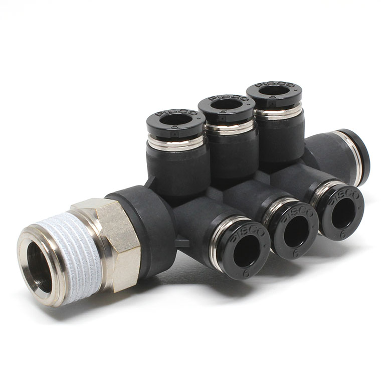 Đầu Nối Nhanh Khí Nén Dạng Chữ T Sáu Nhánh Ren Ngoài Pisco PKVD8-6-03