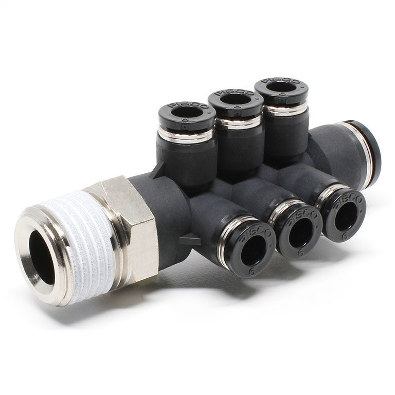 Đầu Nối Nhanh Khí Nén Dạng Chữ T Sáu Nhánh Ren Ngoài Pisco PKVD10-6-04