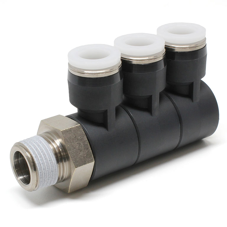 Đầu Nối Nhanh Khí Nén Ba Nhánh Cong 90° Thân Lục Giác Trụ Ren Ngoài Pisco PHT3/8-03