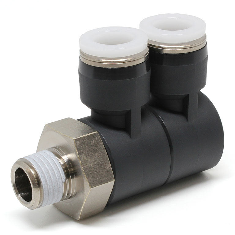 Đầu Nối Nhanh Khí Nén Hai Nhánh Cong 90° Thân Lục Giác Trụ Ren Ngoài Pisco PHW3/8-02