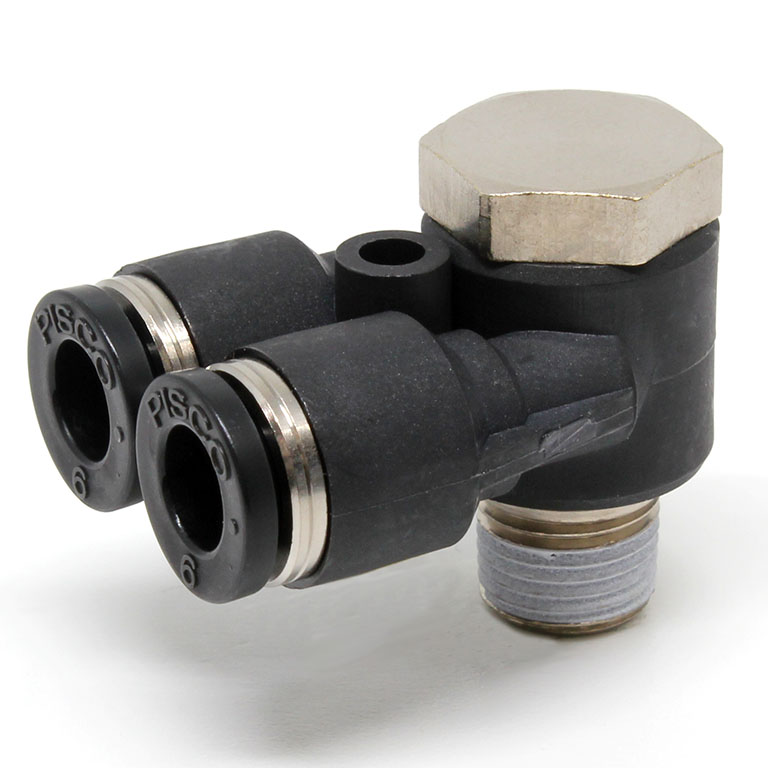 Đầu Nối Nhanh Khí Nén Hai Nhánh Cong 90° Đầu Lục Giác Trụ Ren Ngoài Pisco PA6-01W