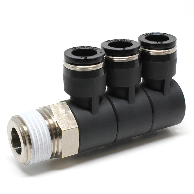 Đầu Nối Nhanh Khí Nén Ba Nhánh Cong 90° Thân Lục Giác Trụ Ren Ngoài Pisco PHT10-04-C