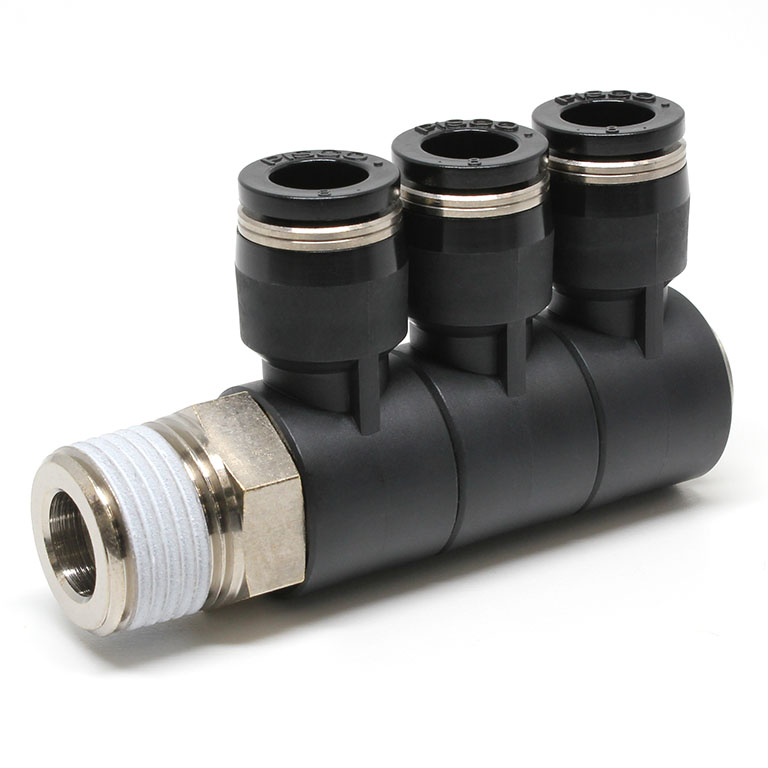 Đầu Nối Nhanh Khí Nén Ba Nhánh Cong 90° Thân Lục Giác Trụ Ren Ngoài Pisco PHT8-03W-C