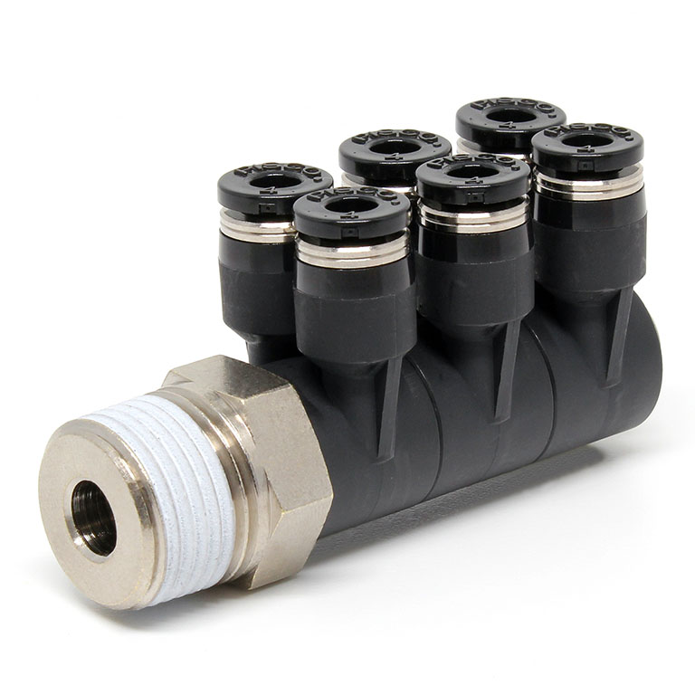 Đầu Nối Nhanh Khí Nén Sáu Nhánh Cong 90° Thân Lục Giác Trụ Ren Ngoài Pisco PAT4-03