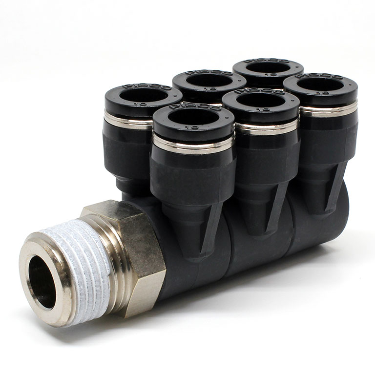 Đầu Nối Nhanh Khí Nén Sáu Nhánh Cong 90° Thân Lục Giác Trụ Ren Ngoài Pisco PAT10-04