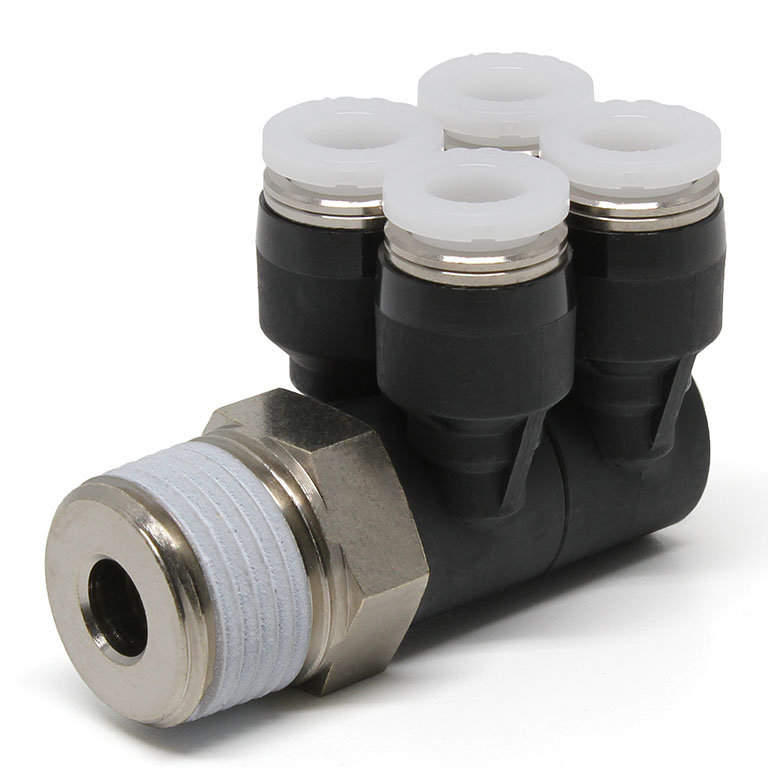 Đầu Nối Nhanh Khí Nén Bốn Nhánh Cong 90° Thân Lục Giác Trụ Ren Ngoài Pisco PAW1/4-03W