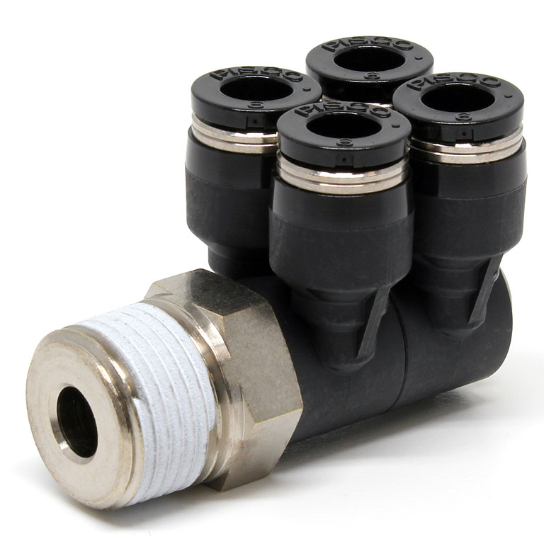 Đầu Nối Nhanh Khí Nén Bốn Nhánh Cong 90° Thân Lục Giác Trụ Ren Ngoài Pisco PAW6-03-C