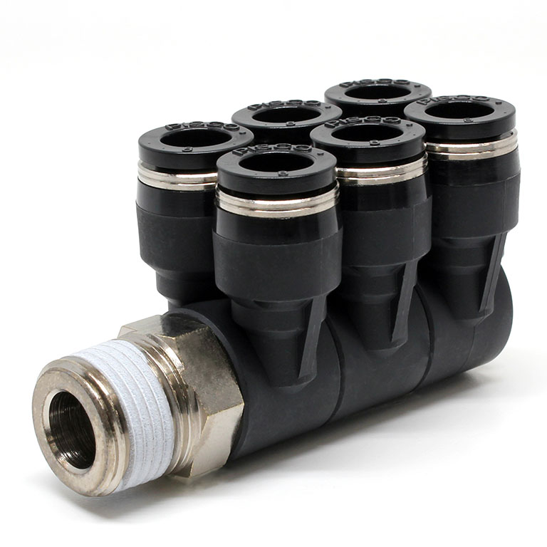 Đầu Nối Nhanh Khí Nén Sáu Nhánh Cong 90° Thân Lục Giác Trụ Ren Ngoài Pisco PAT8-03-C