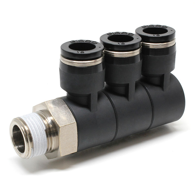 Đầu Nối Nhanh Khí Nén Ba Nhánh Cong 90° Thân Lục Giác Trụ Ren Ngoài Pisco PHT10-03W-C