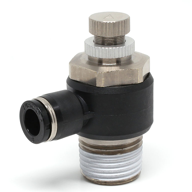 Van Tiết Lưu Khí Nén Cong 90° OD 8mm Ren Ngoài R1/2 Pisco JSC8-04A