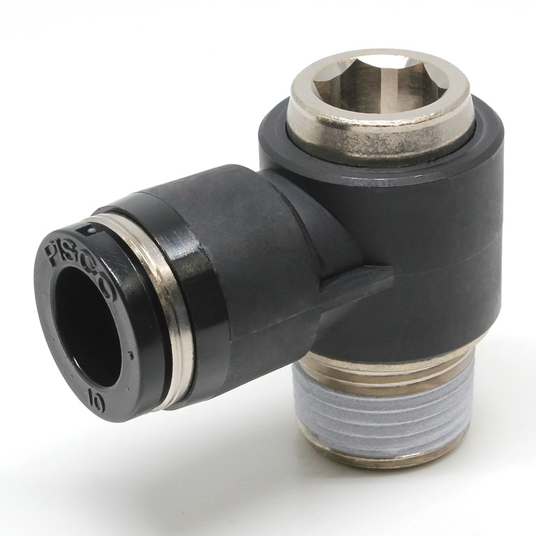 Đầu Nối Nhanh Khí Nén Dạng Cong 90° Đầu Lục Giác Chìm Ren Ngoài Pisco POL10-03