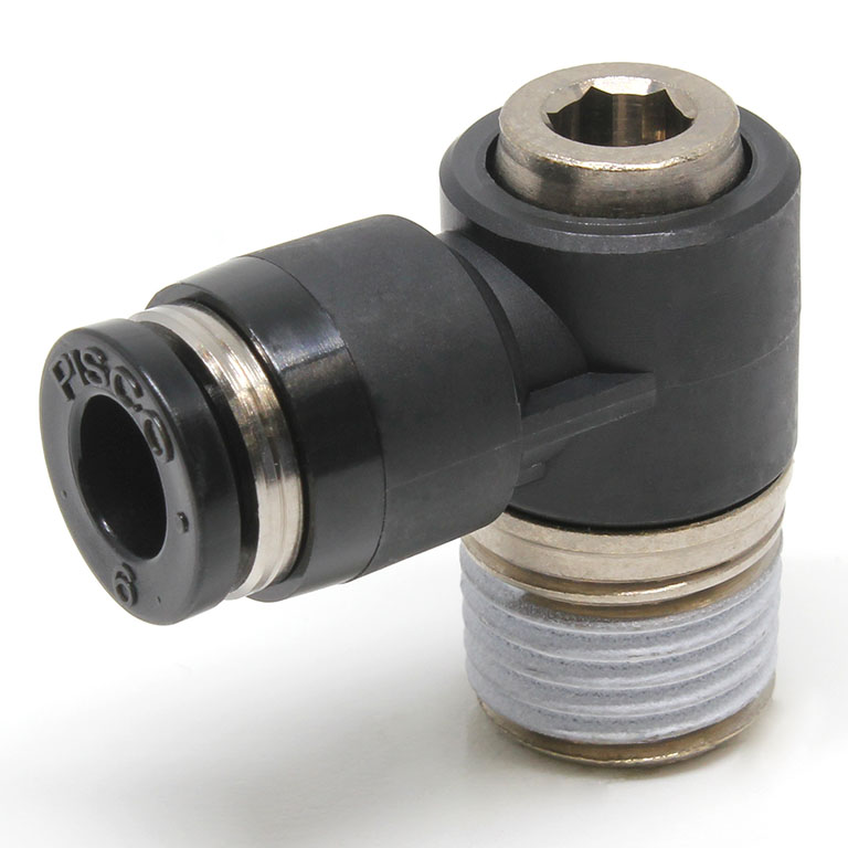 Đầu Nối Nhanh Khí Nén Dạng Cong 90° Đầu Lục Giác Chìm Ren Ngoài Pisco POL6-02