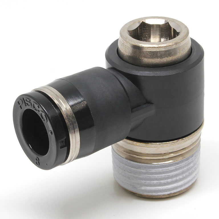 Đầu Nối Nhanh Khí Nén Dạng Cong 90° Đầu Lục Giác Chìm Ren Ngoài Pisco POL8-03