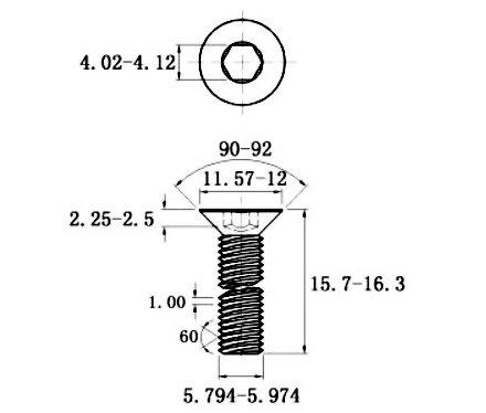 Lục Giác Chìm Col Thép Mạ Kẽm Trắng Cr3+ 10.9 DIN7991 M6x16_drawing