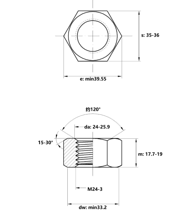 Tán Inox 316 DIN934 M24_drawing