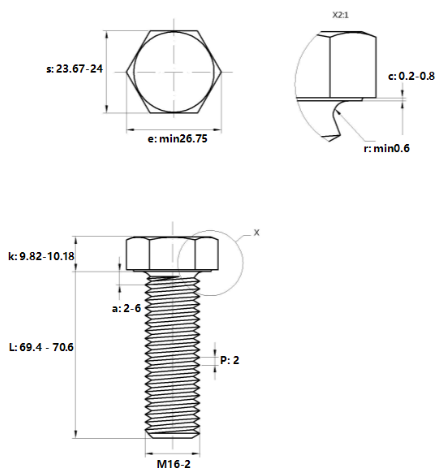 Bulong Mạ Kẽm Trắng Cr3+ 8.8 DIN933 M16x70_drawing