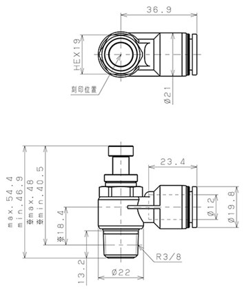 Van Tiết Lưu Khí Nén Cong 90° OD 12mm Ren Ngoài R3/8 Pisco JSC12-03A_drawing