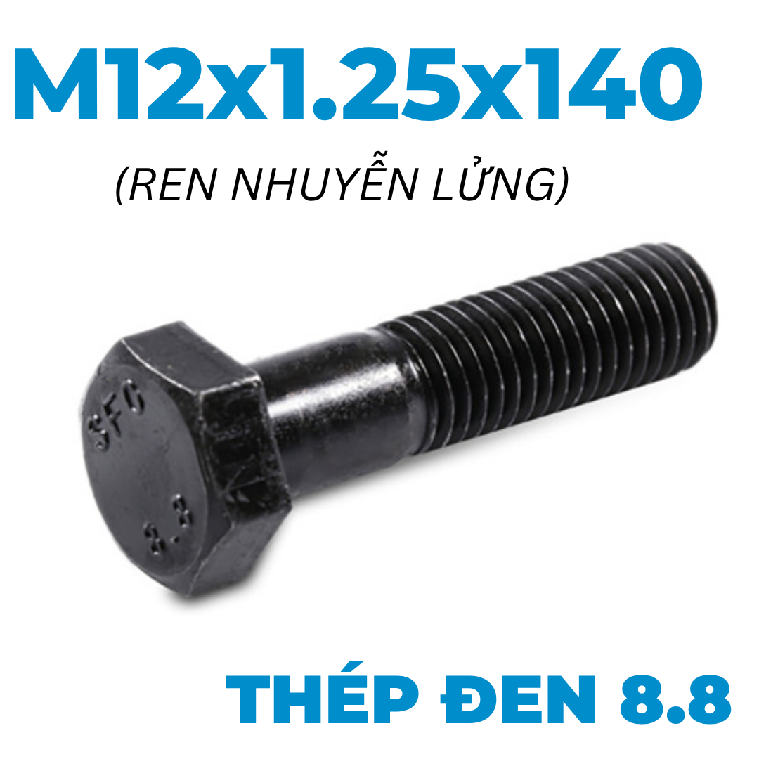 Bulong Thép Đen 8.8 DIN960 M12x1.25x140 Ren Nhuyễn Lửng