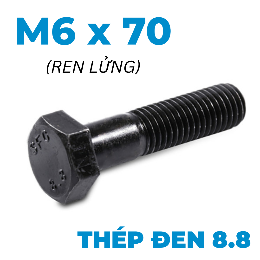 Bulong Thép Đen 8.8 DIN931 M6x70 Ren Lửng