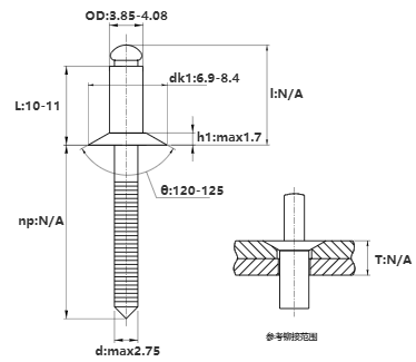 Rivet Côn Inox 304 GB12617 OD4.0x10mm_drawing