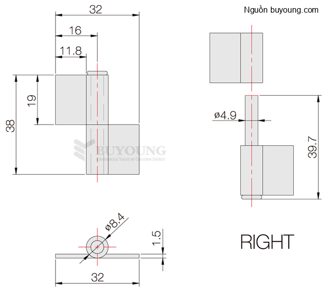 Bản lề hàn bên phải inox 304 Buyoung 33.3x38.2 BYHSN1540-12R_drawing