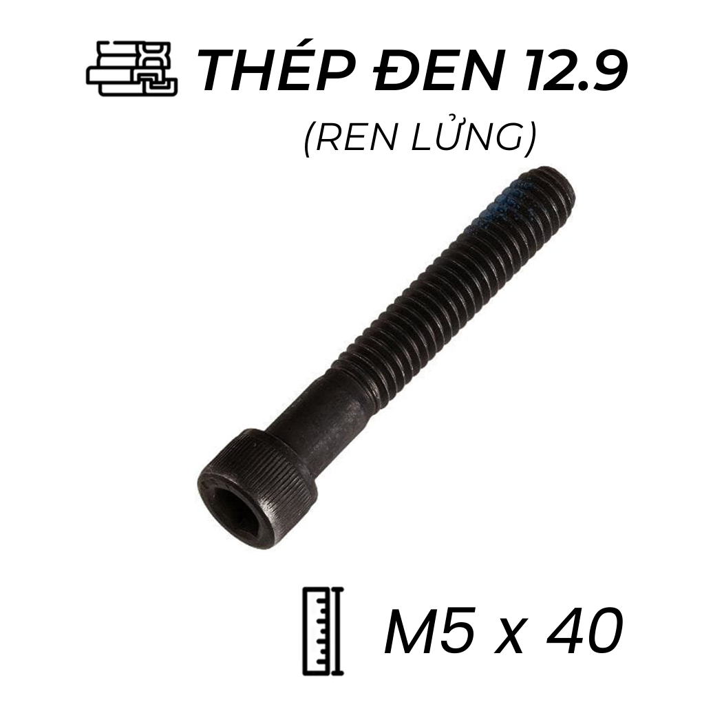 Lục Giác Chìm Đầu Trụ Thép Đen 12.9 DIN912 M5x40 Ren Lửng