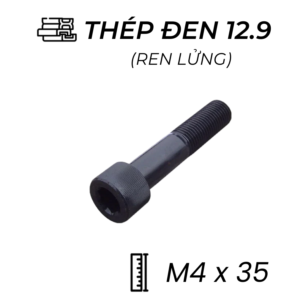 Lục Giác Chìm Đầu Trụ Thép Đen 12.9 DIN912 M4x35 Ren Lửng
