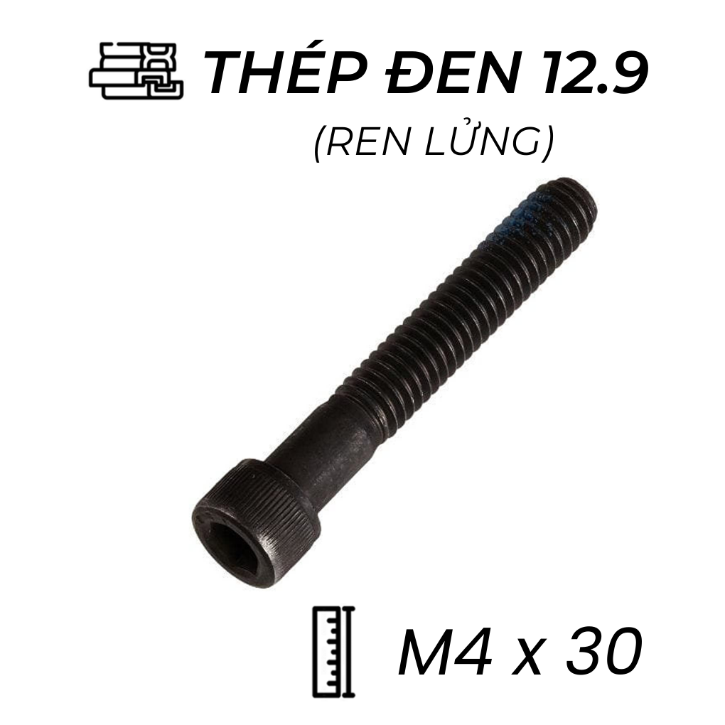 Lục Giác Chìm Đầu Trụ Thép Đen 12.9 DIN912 M4x30 Ren Lửng