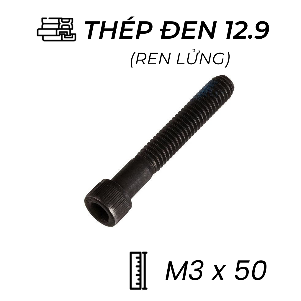 Lục Giác Chìm Đầu Trụ Thép Đen 12.9 DIN912 M3x50 Ren Lửng (50Cái/Bịch)