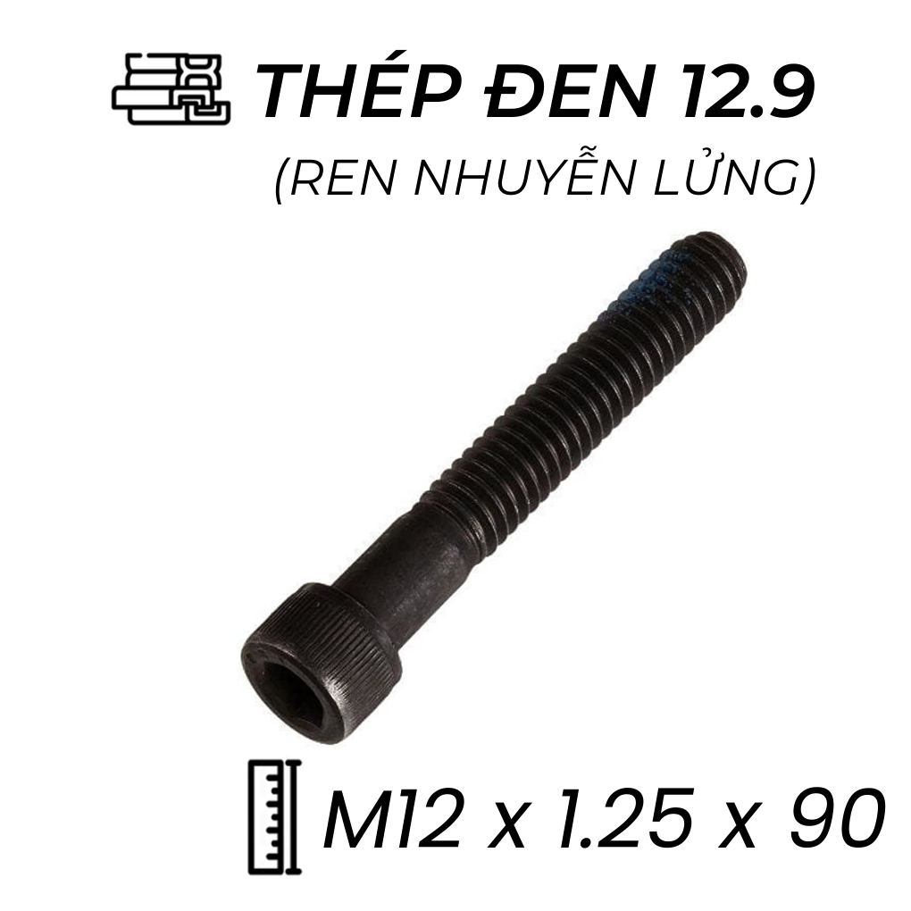 Lục Giác Chìm Đầu Trụ Thép Đen 12.9 DIN912 M12x1.25x90 Ren Nhuyễn Lửng