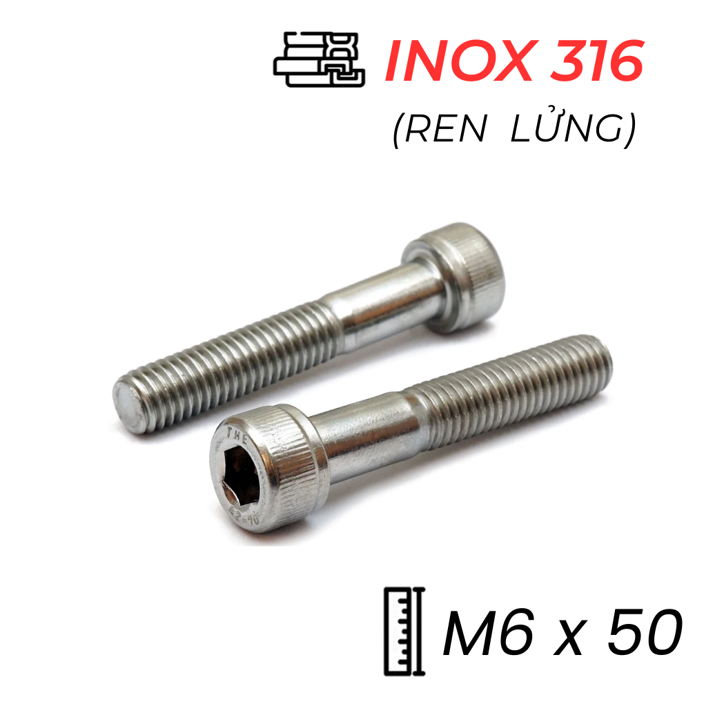 Lục Giác Chìm Đầu Trụ Inox 316 DIN912 M6x50 Ren Lửng