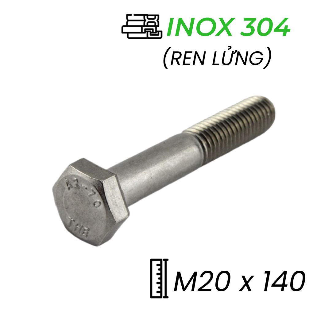 Bu Lông Inox 304 M20x140 DIN931 Ren Lửng | Ren Lửng, Bền Bỉ, Chống Gỉ