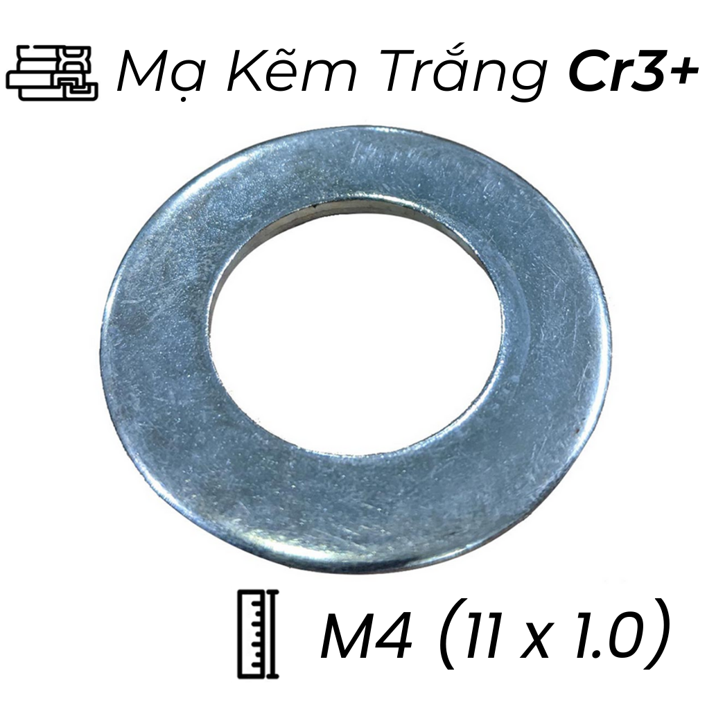 Lông Đền Phẳng Thép Mạ Kẽm Trắng Cr3+ M4 (11x1.0)
