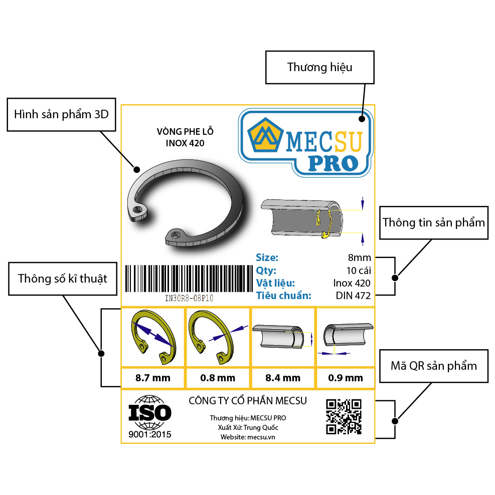 Phe Gài Lỗ Inox 420 DIN472 D8x0.8 (10Cái/Bịch) - Ảnh 3