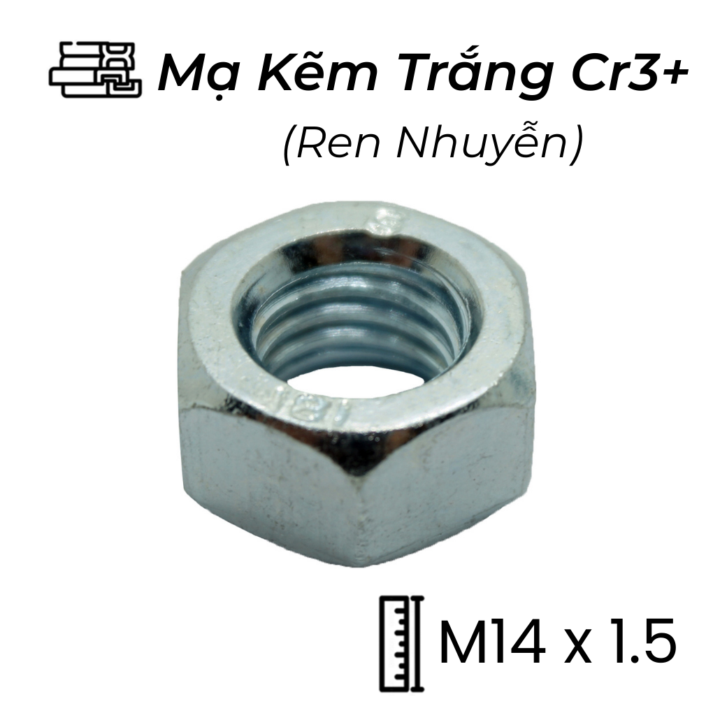 Tán Thép Mạ Kẽm Trắng Cr3+ 8.8 DIN934 M14x1.5 Ren Nhuyễn