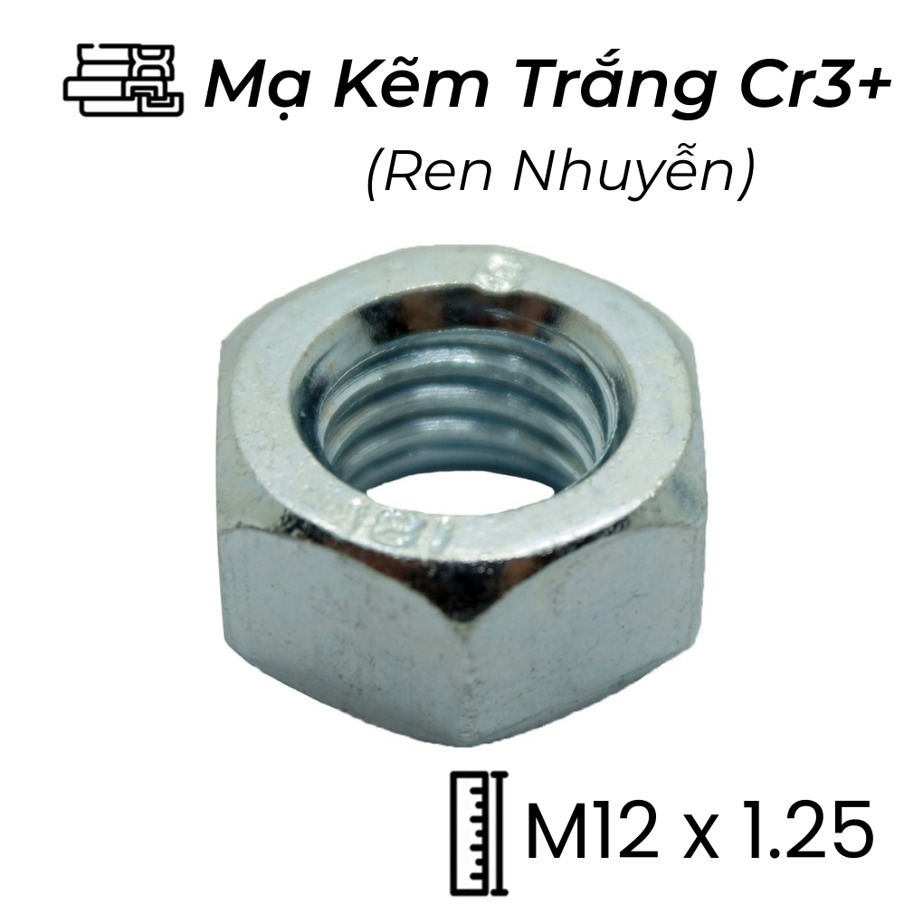 Tán Thép Mạ Kẽm Trắng Cr3+ 8.8 DIN934 M12x1.25 Ren Nhuyễn