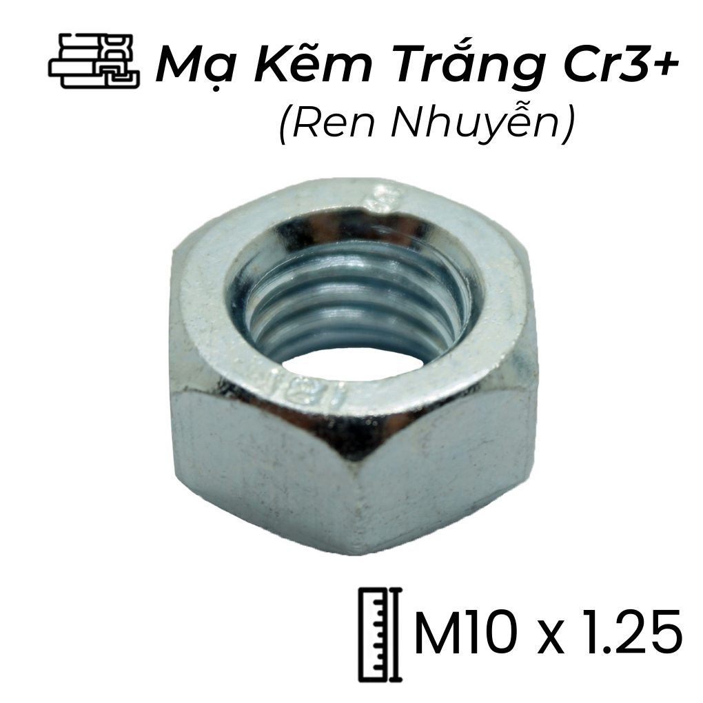 Tán Thép Mạ Kẽm Trắng Cr3+ 8.8 DIN934 M10x1.25 Ren Nhuyễn