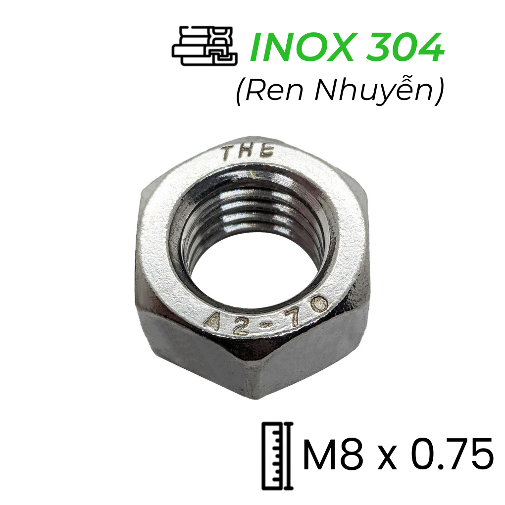 Tán Inox 304 DIN934 M8x0.75 Ren Nhuyễn