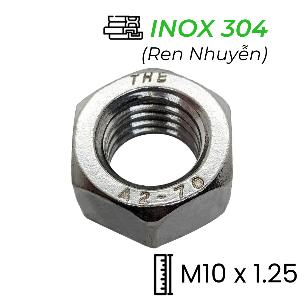 Tán Inox 304 DIN934 M10x1.25 Ren Nhuyễn