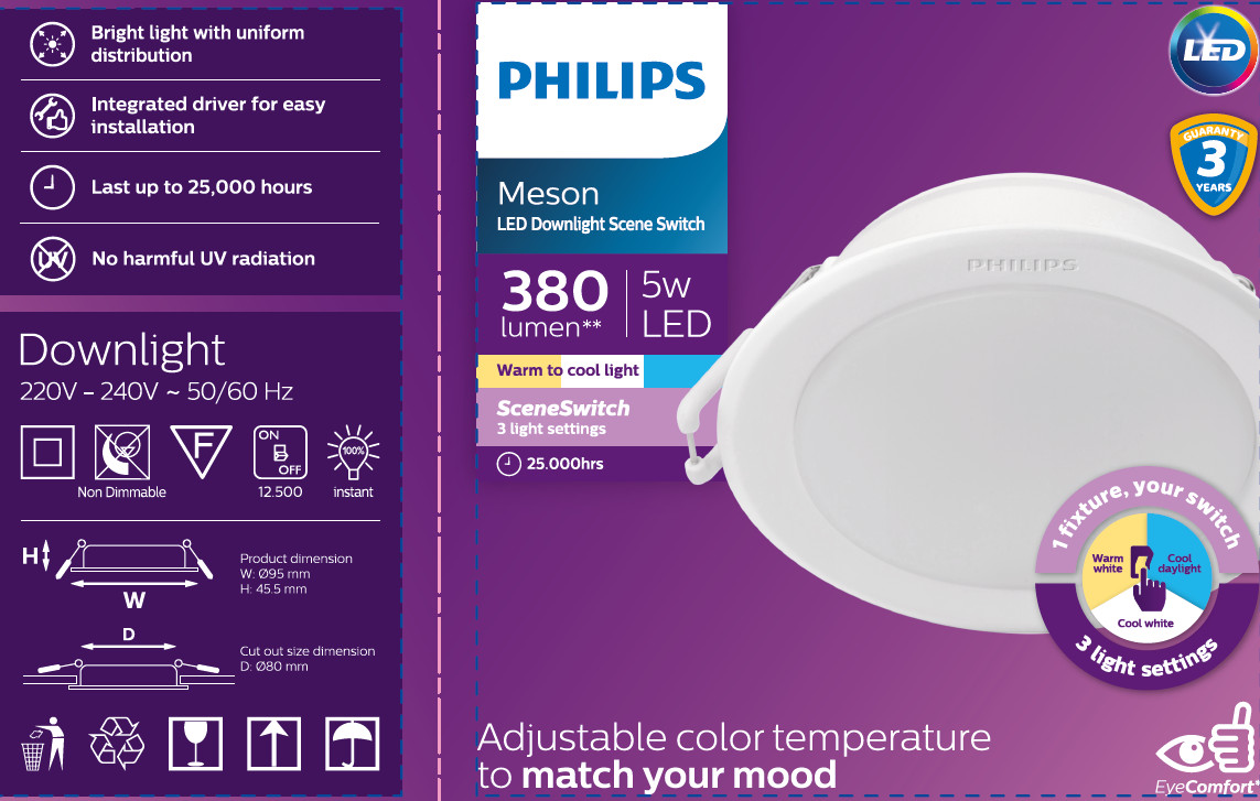Đèn LED Downlight Đổi Màu MESON SSW 080 5W WH Recessed Philips 929003240607