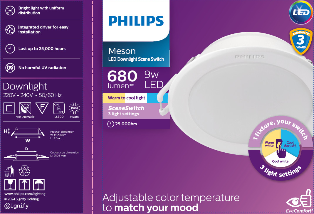 Đèn LED Downlight Đổi Màu MESON SSW 105 9W WH Recessed Philips 929003240707
