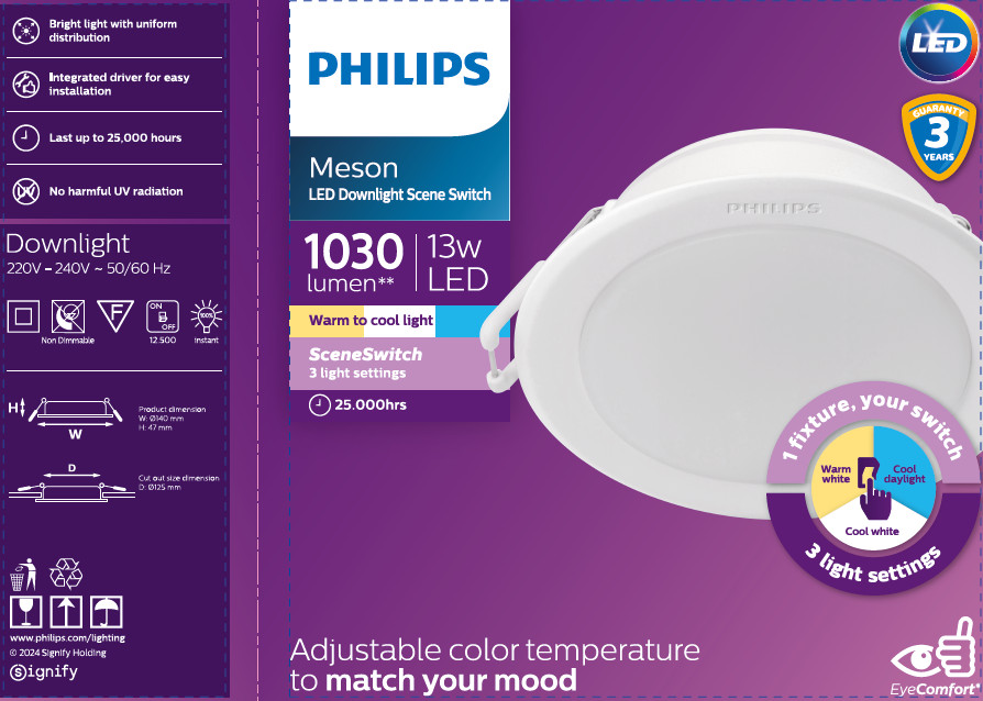 Đèn LED Downlight Đổi Màu MESON SSW 125 13W WH Recessed Philips 929003240807