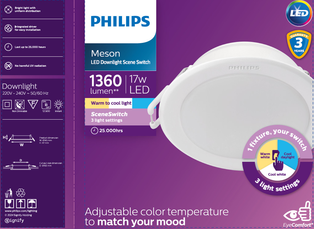 Đèn LED Downlight Đổi Màu MESON SSW 150 17W WH Recessed Philips 929003240907