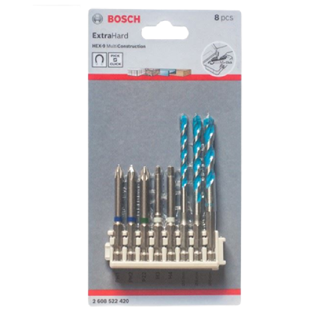 Đầu Vặn Vít Extra Hard 65mm (5 Món) Và Bộ 3 Mũi Khoan Multi-Construction Bosch 2608522420