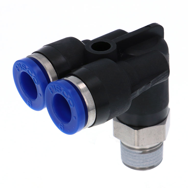 Đầu Nối Nhanh Khí Nén Hai Nhánh Cong 90° Ren Ngoài Pisco SPAX12-03