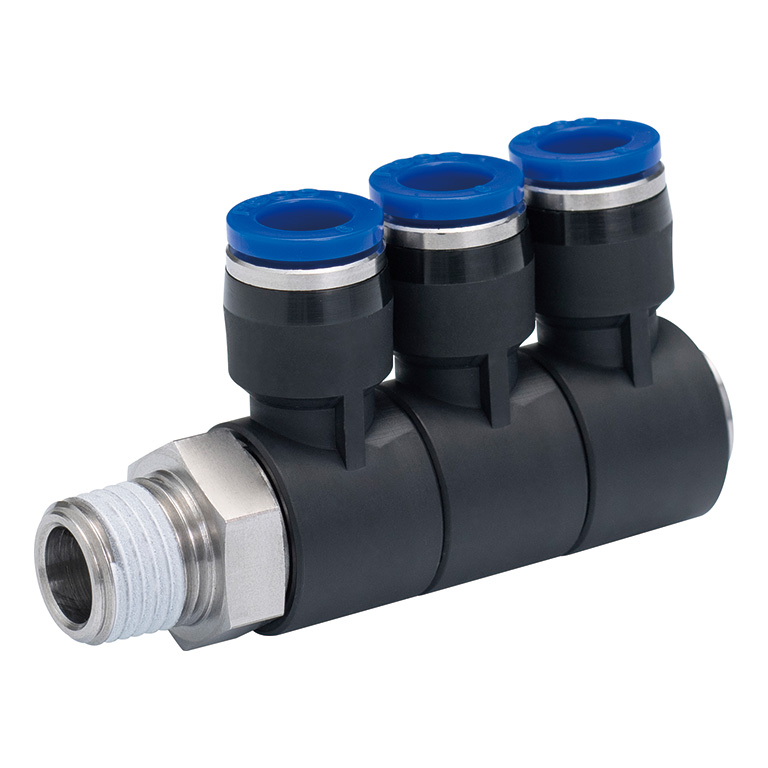 Đầu Nối Nhanh Khí Nén Ba Nhánh Cong 90° Thân Lục Giác Trụ Ren Ngoài Pisco SPHT6-03