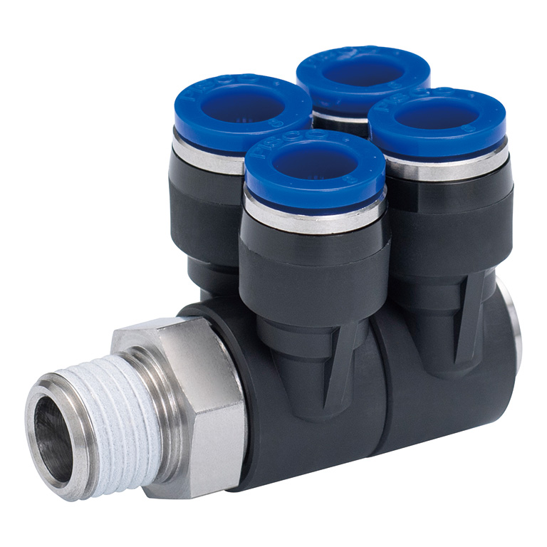 Đầu Nối Nhanh Khí Nén Bốn Nhánh Cong 90° Thân Lục Giác Trụ Ren Ngoài Pisco SPAW6-01